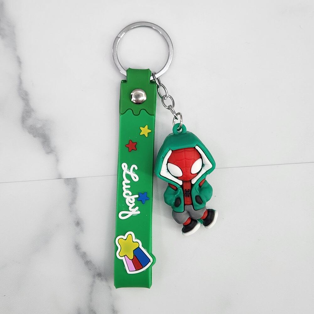 NEW Marvel Spider-Man Keychain PVC Figure Strap Key Ring Bag Charm Green Hoodie